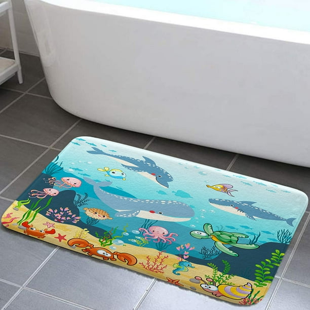 Ocean Fish Bathroom Rug for Kids, Underwater Sea Non Slip Bath Mat with