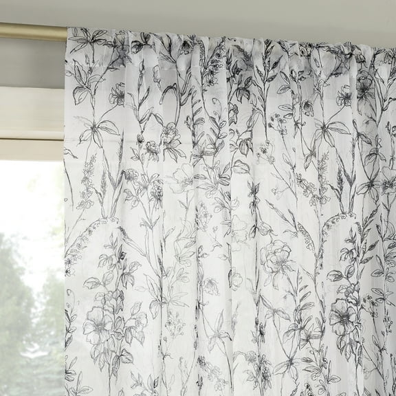 No. 918 Ambree Vintage Floral Sheer Rod Pocket Curtain Panel, 51"x63", Black/White