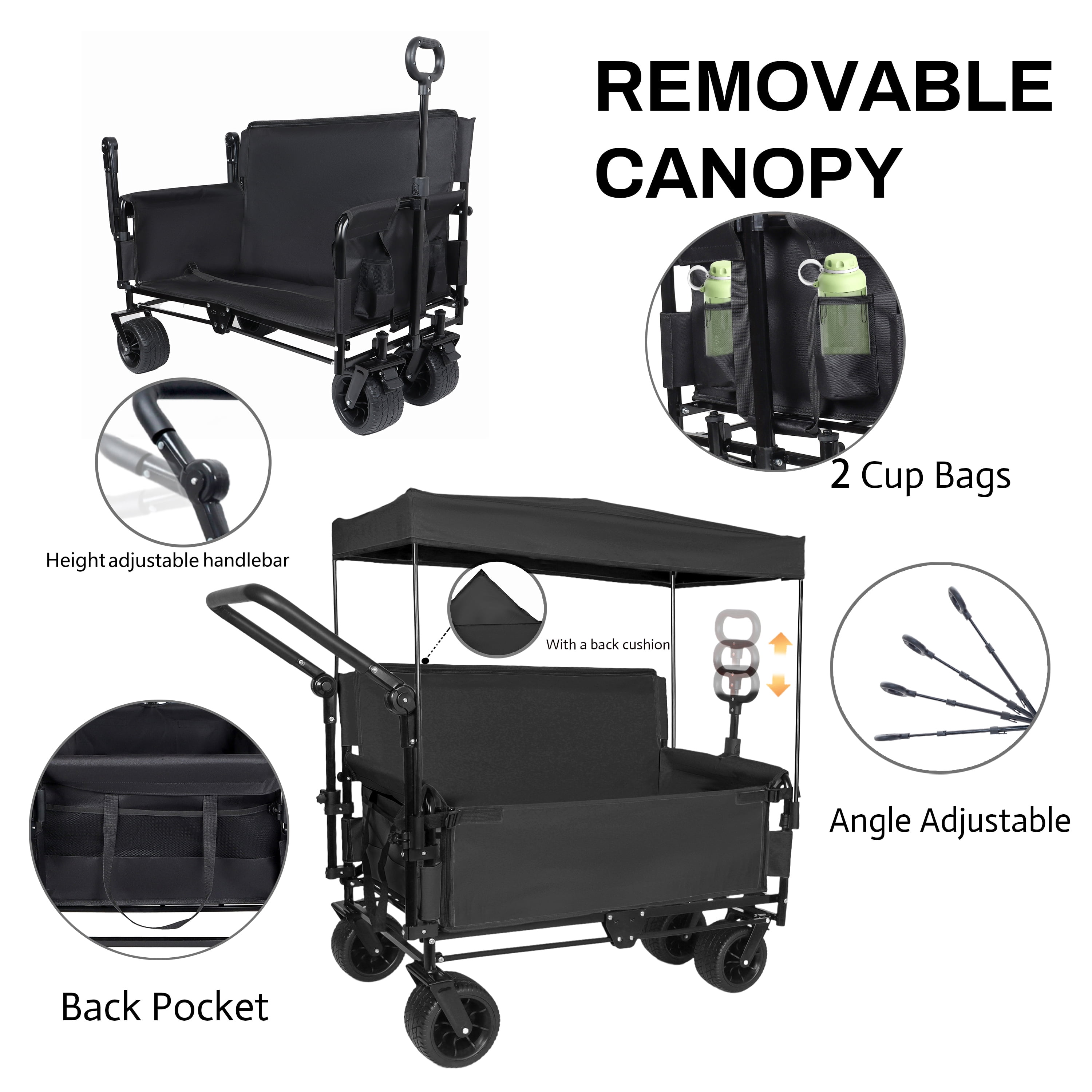 3-in-1 Folding Wagon with Bench Seat & Canopy, 500LBS Heavy-Duty 180L Capacity All-Terrain Cart for Camping Beach Garden Sports