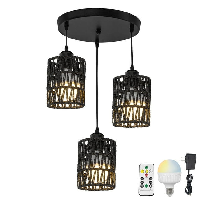 FSLiving 3 Lights RV Twine Braiding Rechargeable Battery Operated RGB Mode Ceiling Light Natural Decorative Light Hallway Light Semi Flush Mount Mount, Dimmable for RV Camper Black
