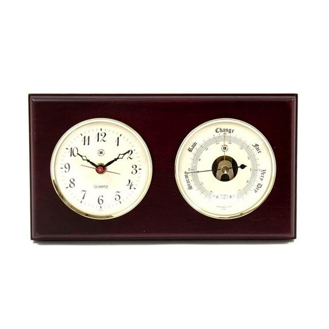 Bey-Berk International WS212 Brass Quartz Clock & Barometer - Mahogany
