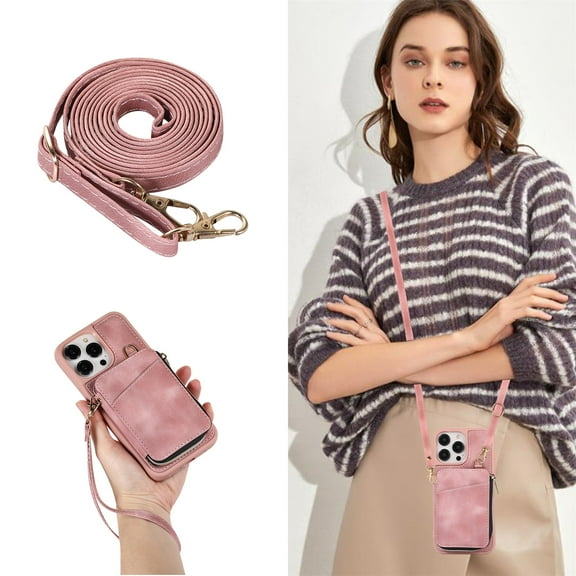 Allytech Zipper Wallet Case for iPhone 14 Plus, Handbag Phone Case Cover with Card Holder & Crossbody Shoulder Lanyard Strap & Wrist Strap for Women Men for Apple iPhone 14 Plus 5G 6.7" 2022, Pink