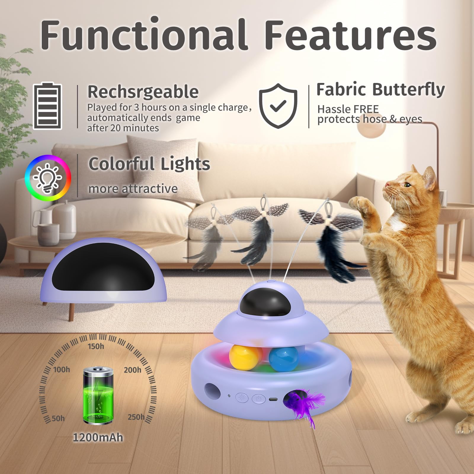 Cat Purple 4-in-1 Interactive Toys For Bored Indoor Adult Cats Electric Flying Butterfly Rechargeable Automatic Moving Ambush Track Balls