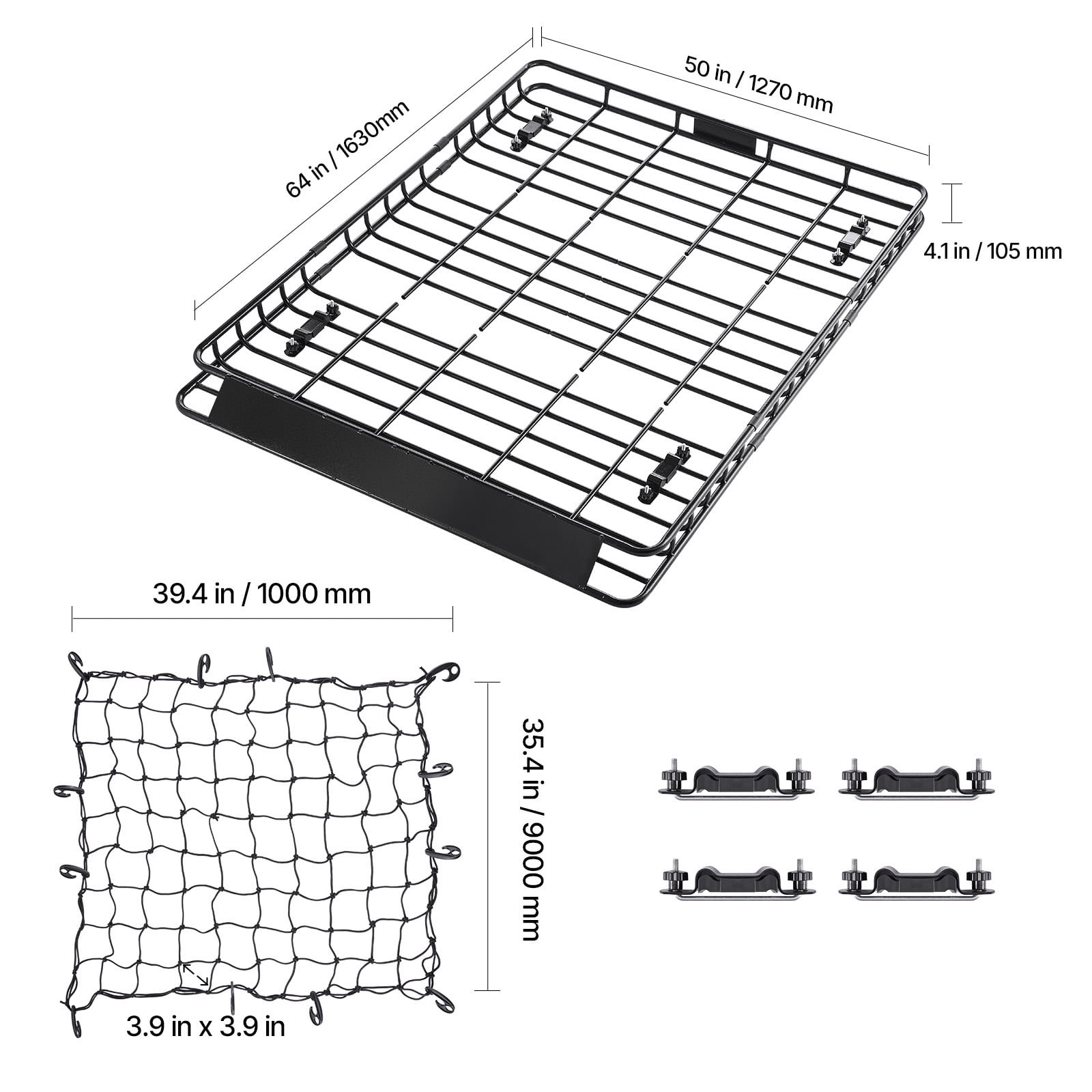KFFKFF Universal Roof Rack Basket, 64 x 50 x 4.1 in, Rooftop Cargo Carrier with Two 35.4 x 39.4 in Cargo Nets, 150 lbs Capacity, Durable Alloy Steel with Anti-Rust Coating, 4.1 in Fence Design