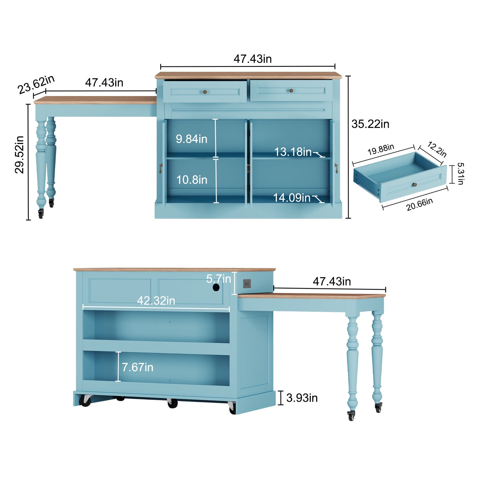 CBJCBJ Modern Extendable Kitchen Islands on Wheels with Power Outlet, Dining Table Cart with 4 Doors Storage, Blue