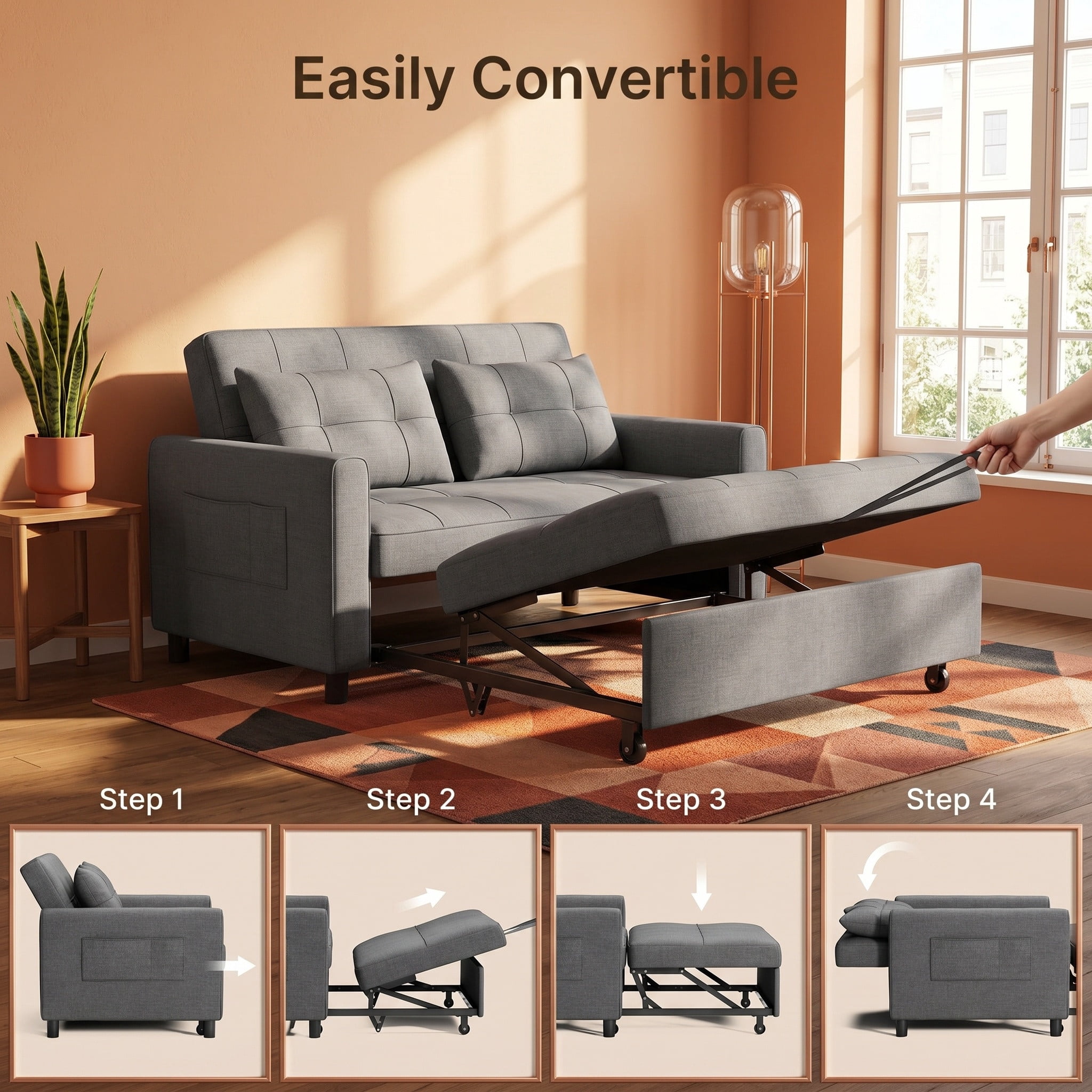 Lofka Futon Sofa Bed, 3 in 1 Convertible Recliner Sleeper with Adjustable Backrest, Pull Out Couch for Apartment Studio House, Linen Fabric, Dark Gray