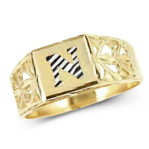 LoveBling 10K Yellow Gold Diamond Cut Ladies Alphabet Initial Ring, Block Lettering (N, 5.5)