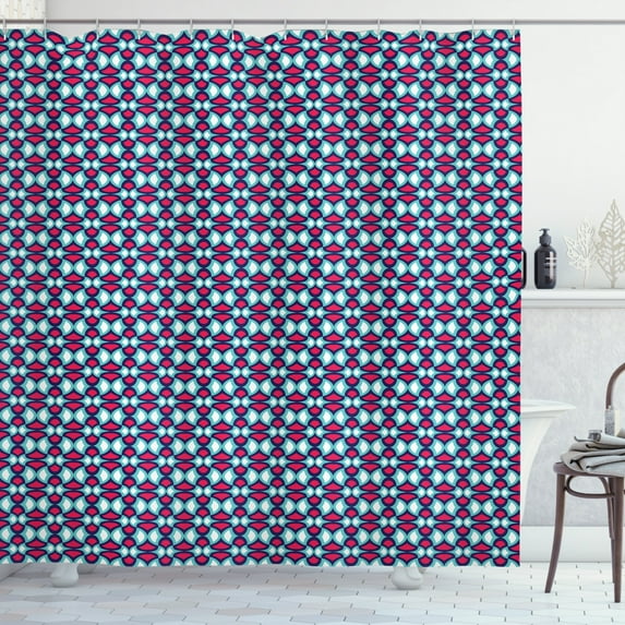 Abstract Shower Curtain, Retro Style Pattern with Curves Hipster Geometric Boho Tile, Fabric Bathroom Set with Hooks, 69W X 75L Inches Long, Navy Blue Seafoam Dark Coral, by Ambesonne