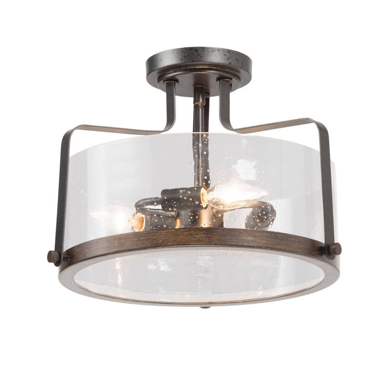 LNC 14" 3-Light Drum Semi Flush Mount Ceiling Light,Rustic Black Metal Frame with Seeded Glass,Dark Wood Grain Finish for Kitchen,Hallway
