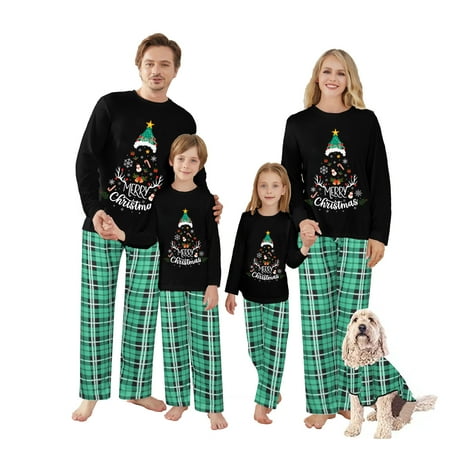 

Family Christmas Pajamas - Christmas Pajamas for Family Long Sleeve Crew Neck Printed Top and Classic Green Plaid Pants