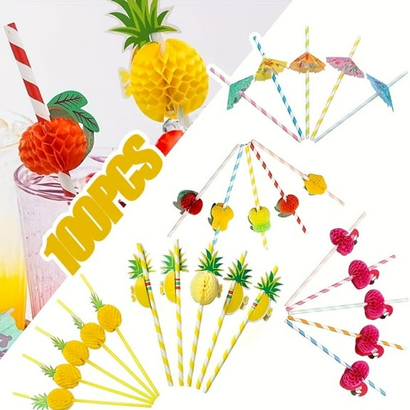 Summer Party Straws 100-Pack - Flamingo Themed Paper Drinking Straws for Tropical Hawaiian Beach Parties, Pool Cocktail Decorations
