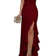 thumbnail image 3 of Qarigey Hombro inclinado Vestido de color sólido Sin mangas Vestido de fiesta de división alta Dobladillo grande con volantes Vestidos vino rojo L, 3 of 6