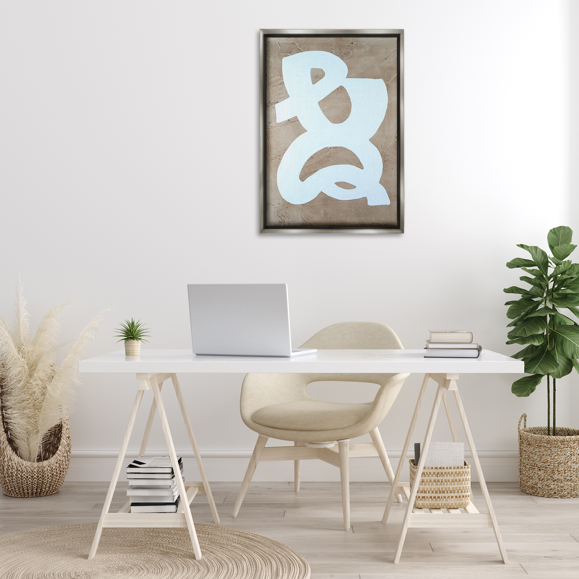 Stupell Industries Curving Form over Beige Abstract Painting Gray Floater Framed Canvas Art Print Wall Art, 21 x 31