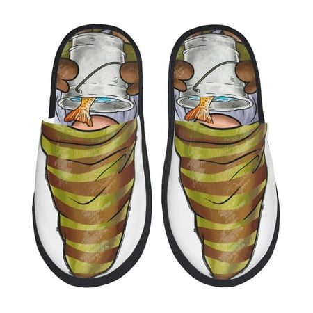 Balery Fishing Gnome Fisherman Slient Indoor Furry Fleece Comfort House Shoes Soft Non-Slip Home Shoes Cotton slippers House Slippers-- Medium