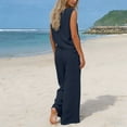 thumbnail image 3 of Cotton Linen Outfits for Women Summer Trendy Vacation Clothes 2 Piece Sleeveless Tank Top Wide Leg Pants Set (XL, Navy), 3 of 6