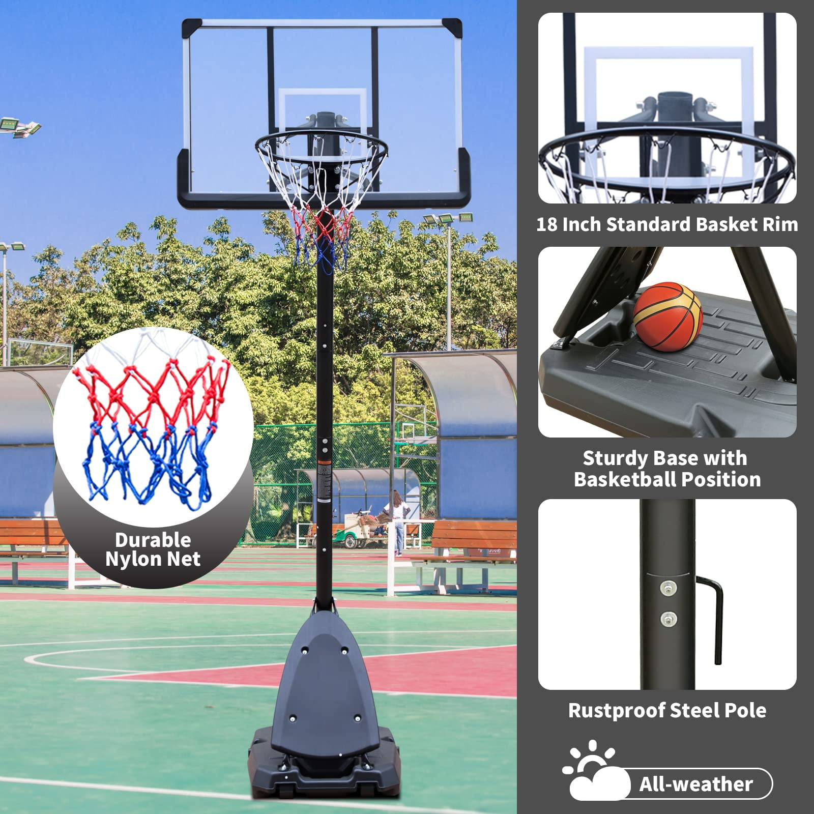 Height Adjustable Basketball Hoop, 7.5 to 10ft Stand with 44 Inch Backboard, Portable Goal System with Stable Base and Wheels, for Outdoor Use