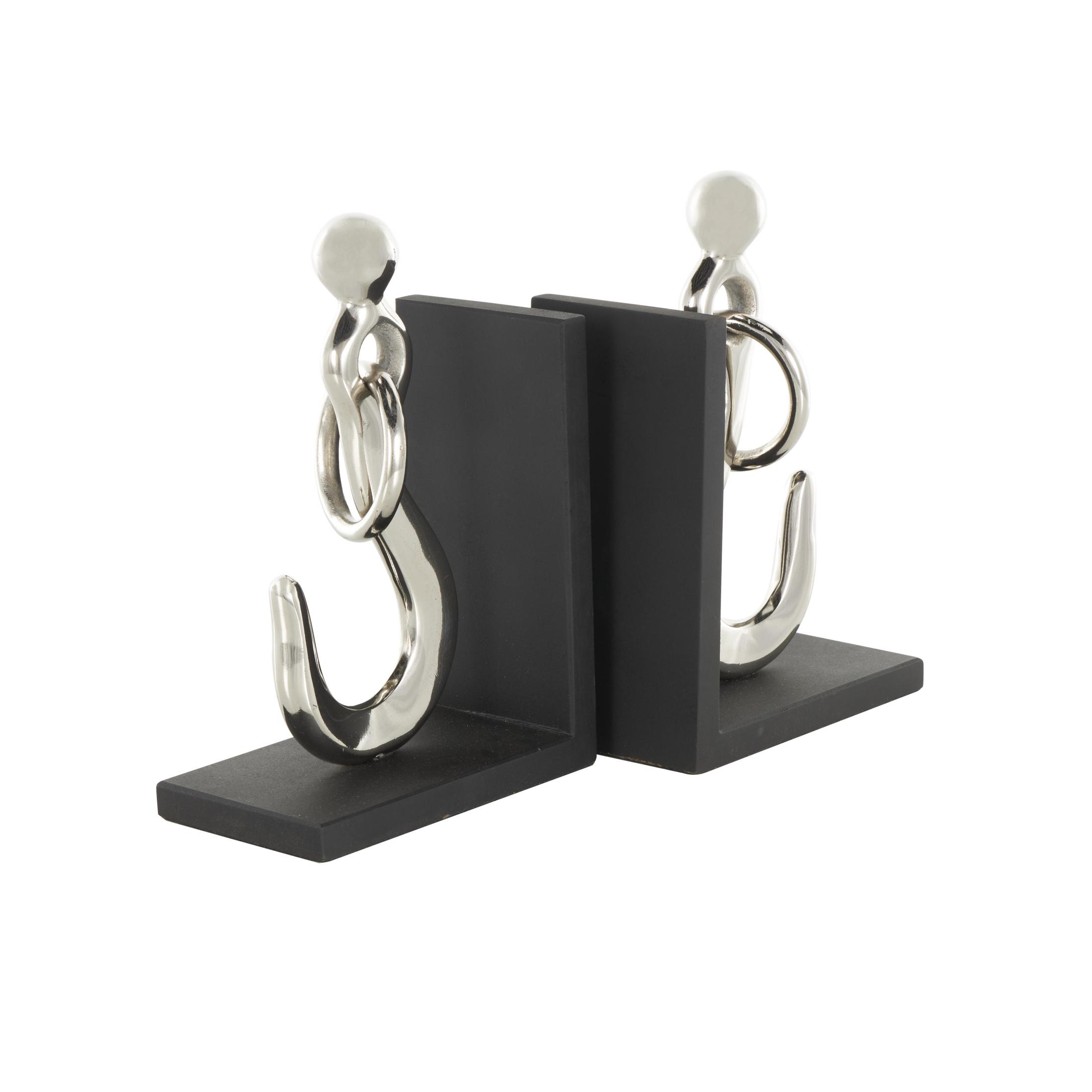 DecMode 7" Hook Silver Aluminum Metal Bookends with Black Bases (Set of 2)
