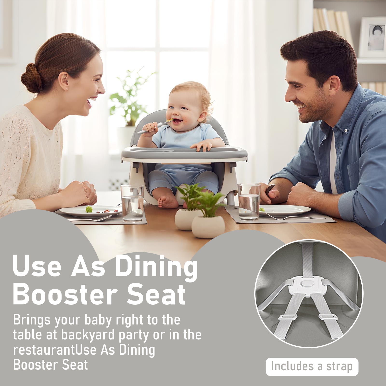 ManyFun-4-in-1 Baby High Chair Portable Toddler Baby Dining Chairs-Dining Booster Seat for Eating-Dinner Plate and Toy Rack,Grey