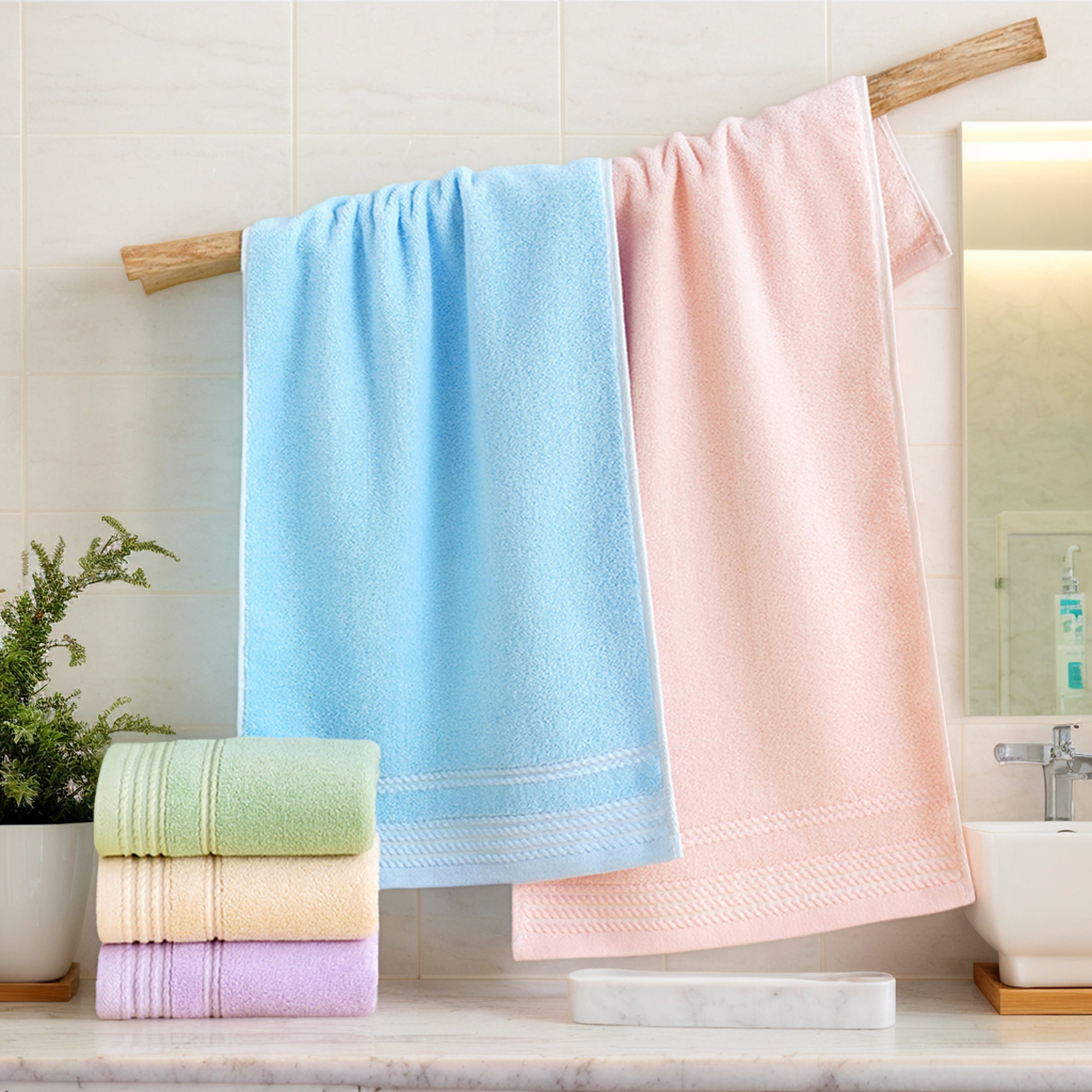Unique Bargains Striped Hand Towels Set for Bathroom 14" x 30" Pink 2-Pieces
