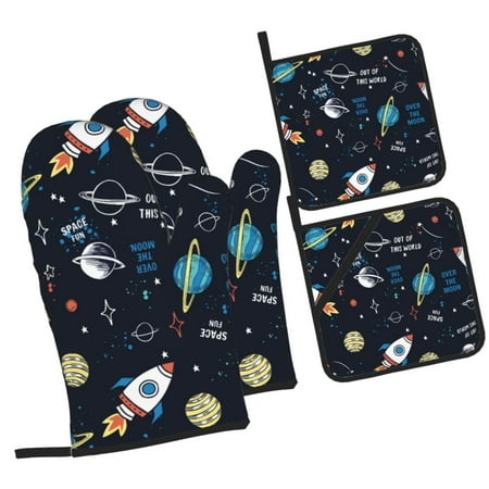 

Haiem Space Print Extra Long Oven Mitts and Pot Holders 4pc Sets: Heat Resistant Silicone Oven Mittens with Mini Oven Gloves and Hot Pads Potholders