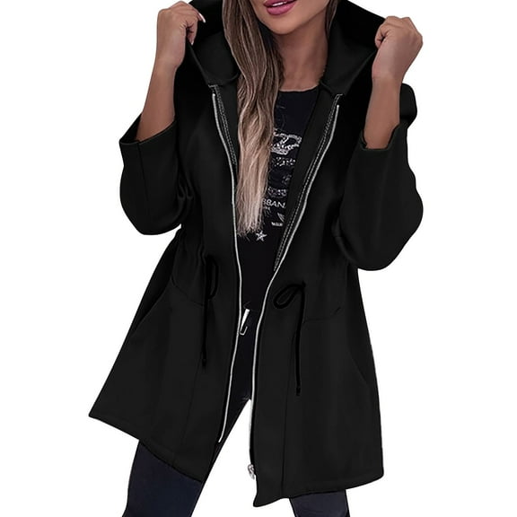 Niaviben Women's Long Trench Coat Womens Windbreaker Jacket with Hood Windproof Jacket Women Trench Coat Fall Coats for Women Jackets Women Black L
