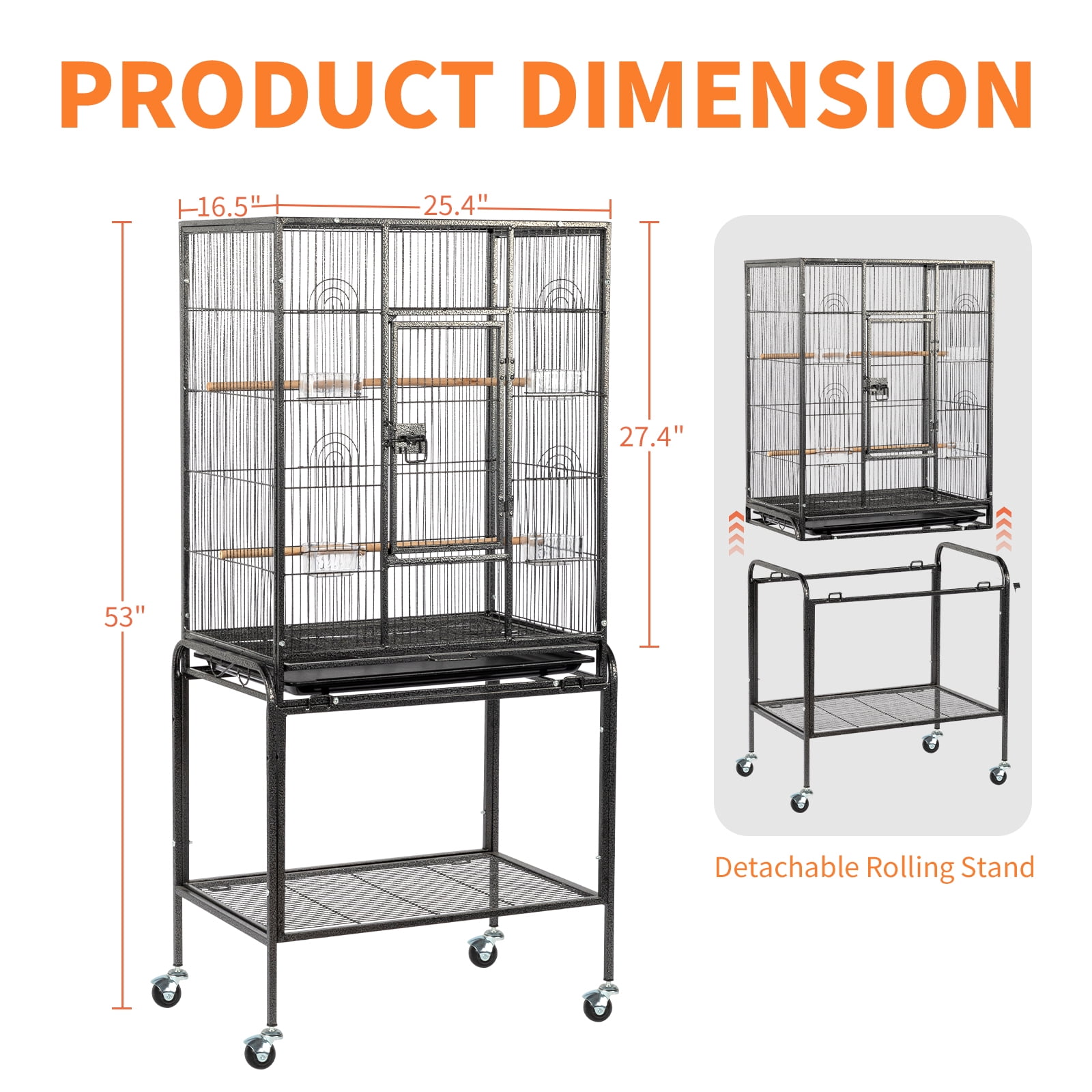 53in Large Flight Bird Cage with Rolling Stand & Storage Shelf for Parrots, Cockatiels, Lovebirds and Parakeets, Black Aviary Cage with Easy Clean Tray, Spacious Home for Small Medium Birds