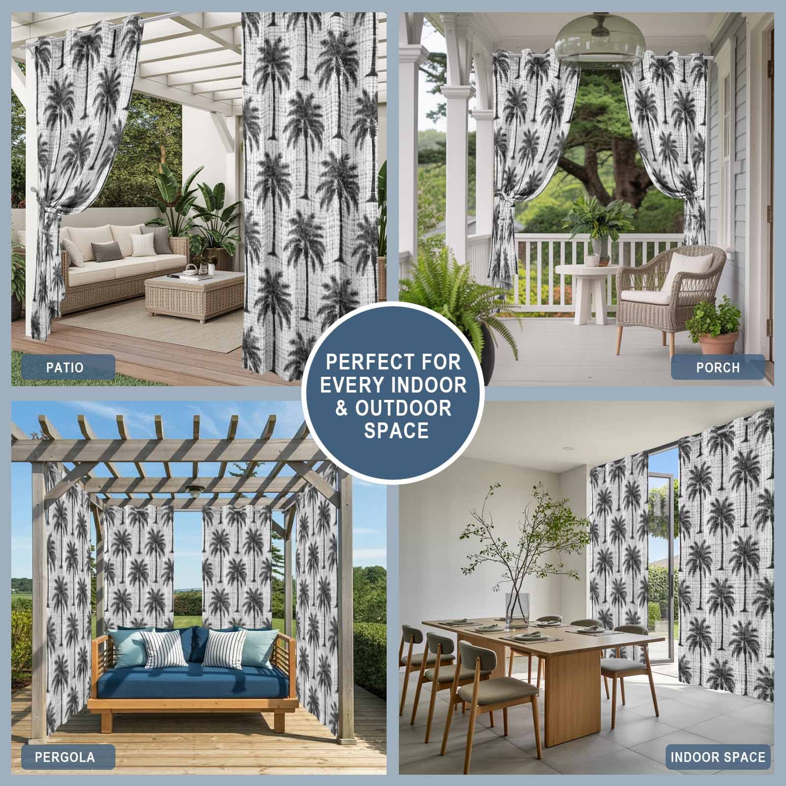 Dark Gray Palm Tree Outdoor Curtains for Patio, Country Linen Texture Tropical Plant Coastal Sunshade Privacy Drapes Grommet Waterproof Outside Curtains for Porch/Cabana/Balcony 54"x 108", 1 Panel
