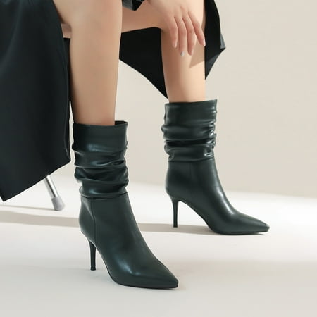 

YOTAMI Womens Shoe Solid Color Plus Velvet Warm Sleeve High Heeled Pleated Boots Daliy Green 7