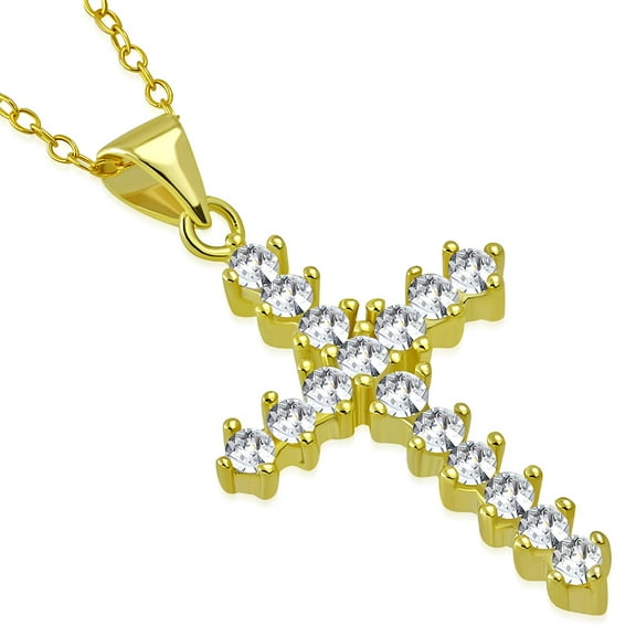 925 Sterling Silver Clear CZ Religious Cross Pendant Necklace, 18"