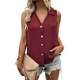 thumbnail image 2 of Women'S Casual Collar V Neck Button Down Sleeveless Tunic Blouse Shirt Tank Top Wine Red L, 2 of 7