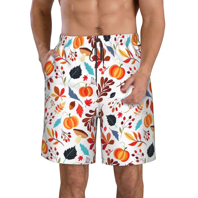 Balery Autumn Pumpkins Fall Leaves Traje de Baño Estilo Hawaiano para Hombre, Shorts de Secado Rápido con Bolsillos-Small