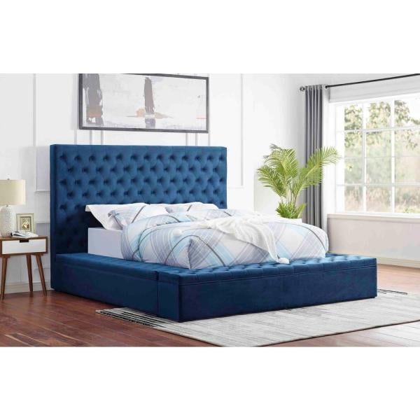 Blue Color Velvet Tufted Platform Bed With Storage Luxurious Style Cal King Size Com Blue Color Velvet Tufted Platform Bed, King Size Platform Bed Frame Only