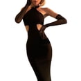 thumbnail image 2 of hirigin Women's Cut Waist Dress Halterneck Bodycon Backless Black Slim Fit Long Dress with Sleeves for Party Cocktail Evening, 2 of 9