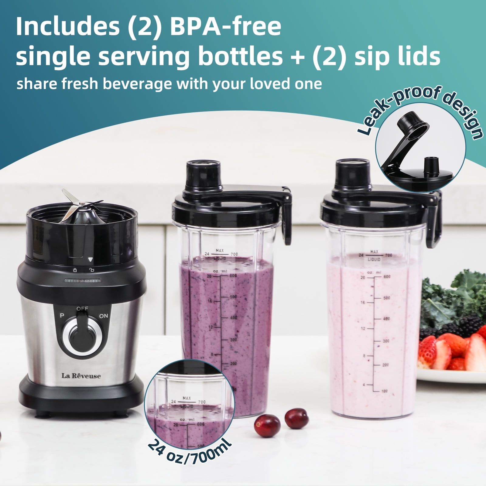 La Reveuse Blender for Shakes and Smoothies,400W, with 2 x 24 Oz Blending Cups and To Go Lids,BPA-free