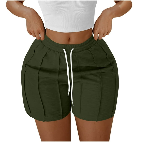 QQAMB Shorts for Women Solid Color Elastic Waisted Drawstring Strip Pleated Loose Comfy Shorts Army Green M