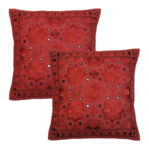 Stylo Culture Ethnic Chair Seat Throw Pillow Covers 16x16 Embroidered Maroon Bohemian 40 x 40 cm Living Room Cotton Mirrored Square Cushion Covers | Set Of 2