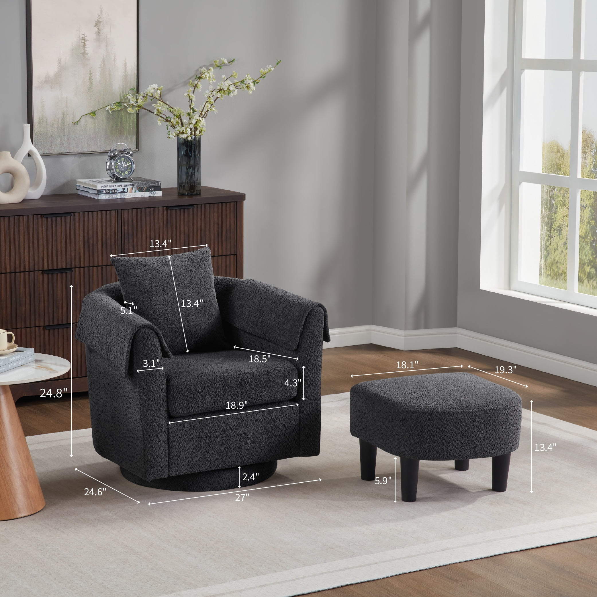 MAYEERTY Swivel Accent Chair with Ottoman, Chenille Barrel Chair for Living Room/Office, Black