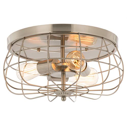 Co Z 15 Inch Metal Cage Brushed Nickel Flush Mount Ceiling Light Fixture With 3 Lights Industrial Vintage Fixtures For Master Bedroom Living Room Farmhouse Lighting Etl Com Co Z 15 Inch Metal Cage Brushed Nickel, Vintage Ceiling Light Fixtures