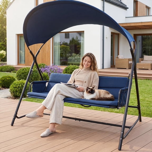 CHINNLUU 3-Seat Outdoor Porch Swing with Canopy, Navy, Patio Swing with Removable Cushions, Side Pocket, 600 LBS Capacity