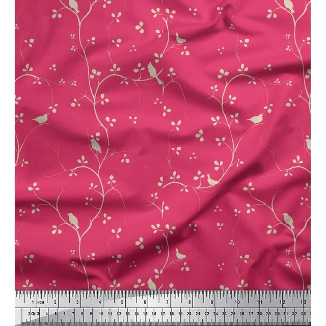 Soimoi Poly Georgette Fabric Branches,Leaves & Bird Print Sewing Fabric Yard 52 Inch Wide