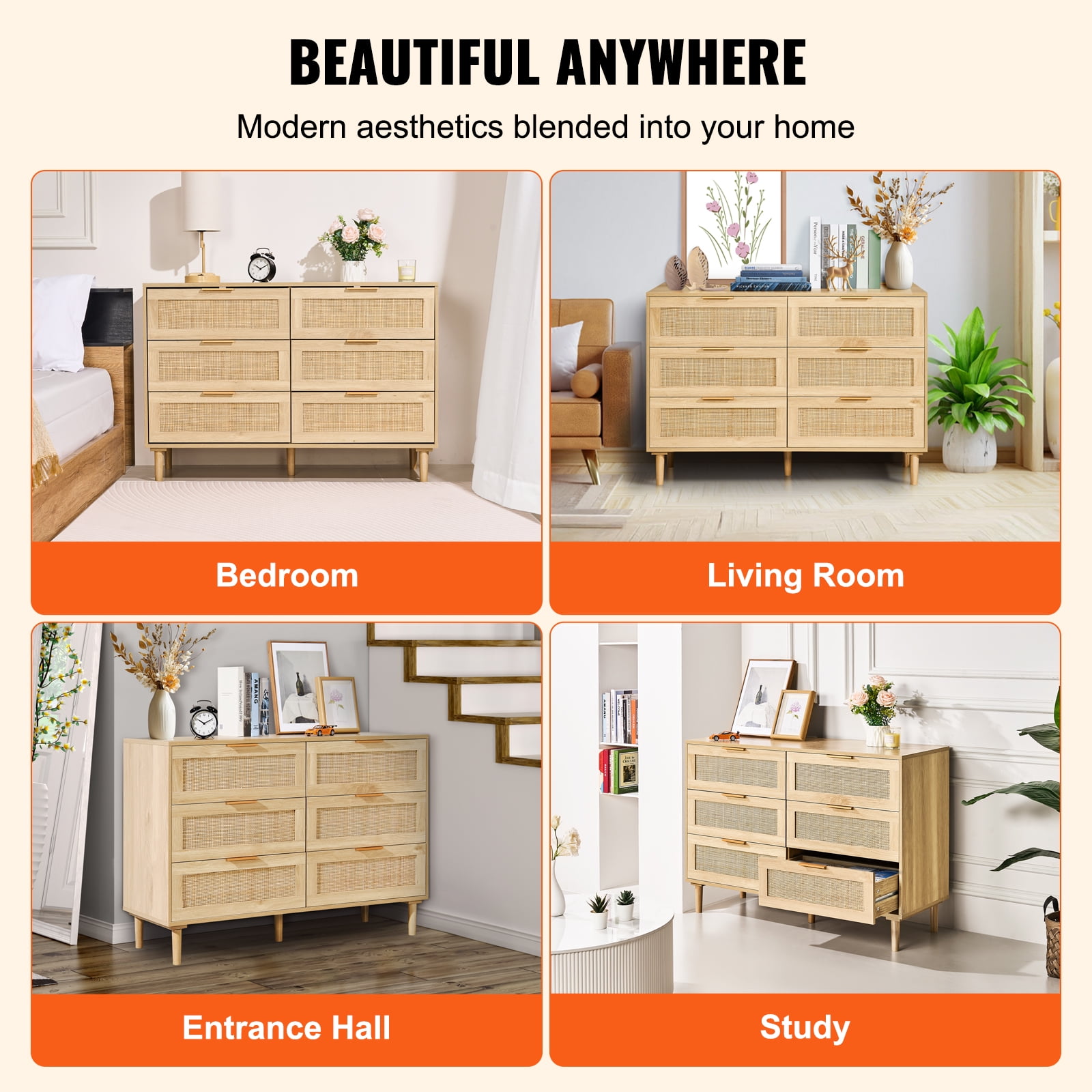 KFFKFF Rattan Dresser with Six Drawers, Contemporary Wooden Clothes Storage Unit & Bohemian Style Dresser, Equipped with Durable Handles & Legs, Ideal for Bedrooms, Living Spaces & Corridors