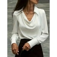 thumbnail image 4 of Women'S Elegant Satin Silk Blouse Cowl Neck Ruched Front Draped Long Sleeve Work Office Shirt Top White L, 4 of 6