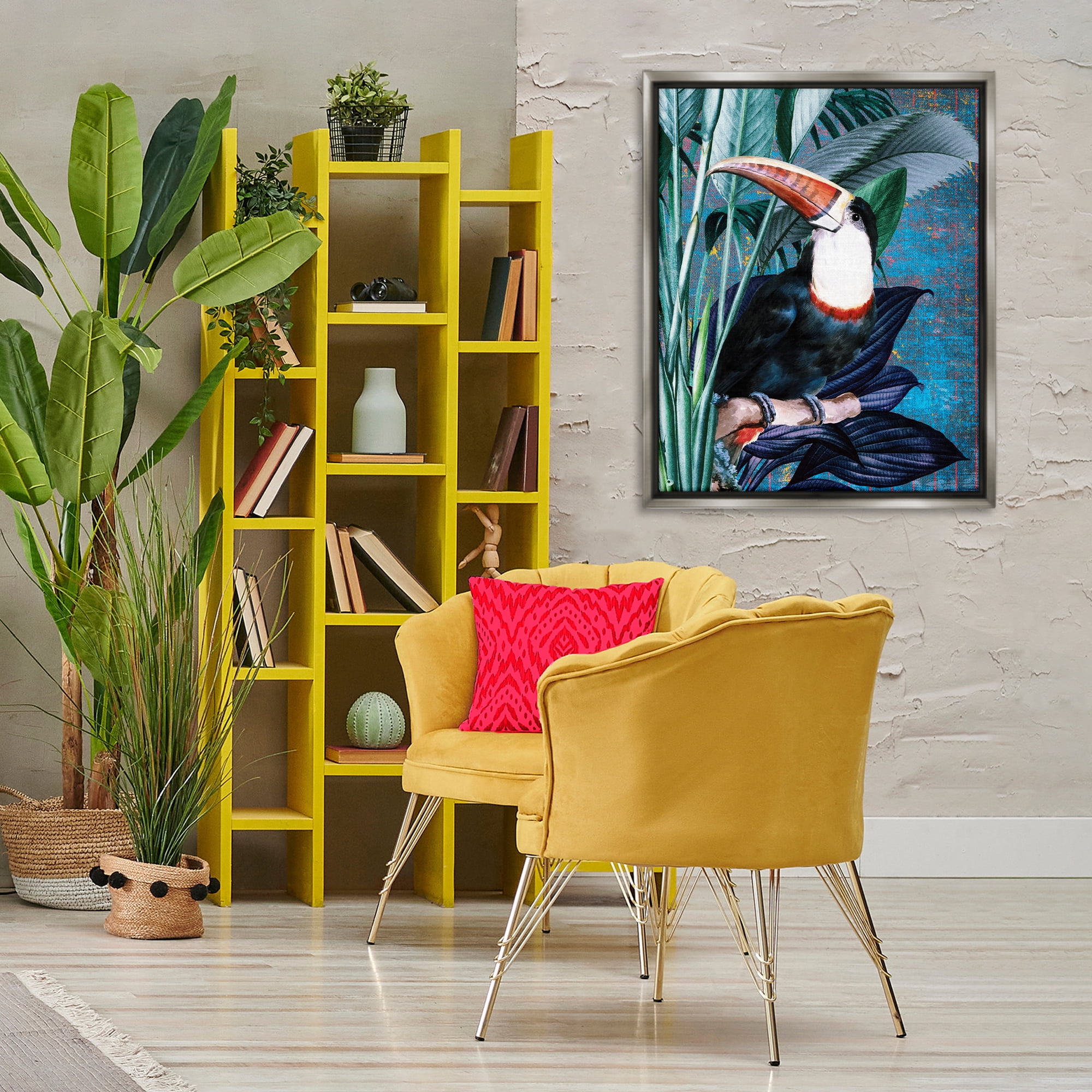 Stupell Industries Smiling Toucan on Branch Animals Painting Gray Floater Framed Canvas Art Print Wall Art, 25 x 31