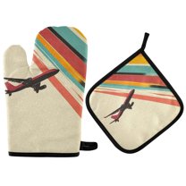 Yayeee Oven Mitts and Pot Holder Set of 4 Heat Resistant Kitchen Gloves Baking Hot Pad, Colorful Plane Stripes