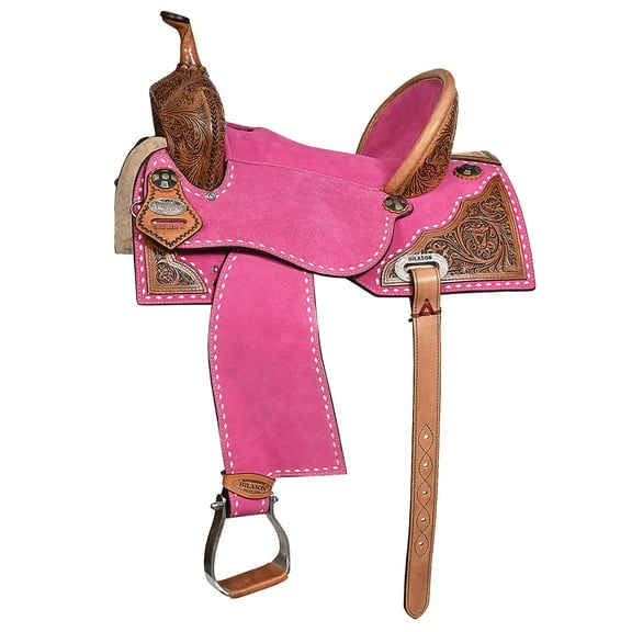 15 In Hilason Western Horse Barrel Flex Tree Trail American Leather Saddle Pink Gorgeous Floral Hand Tooled & Carved
