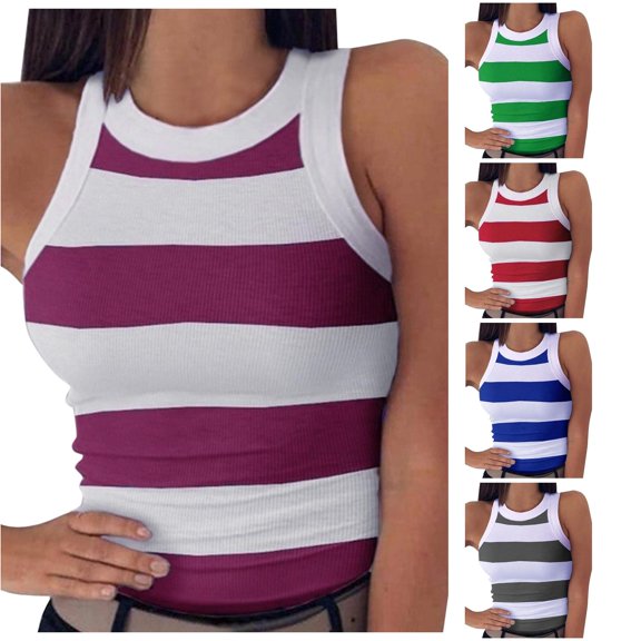 Rggeeun Women Tank Tops Ribbed Vest Colorful Striped Pattern Elastic Slim Fit Crew Neck Soft Lightweight For Summer Yoga Daily Wear Versatile Sleeveless,Pink,Xl