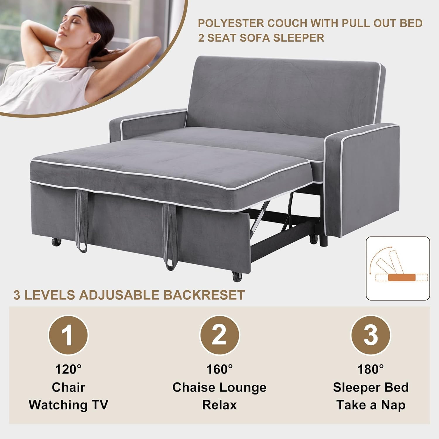 Convertible 3 in 1 Pull Out Sofa Bed Futon Sleeper Sofa Couch Velvet Small Loveseat, Reclining Backrest for Living Room, Grey