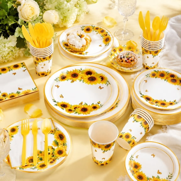 400-Piece Sunflower Party Supplies Set for 50 Guests, Disposable Plates, Cups, Napkins and Cutlery