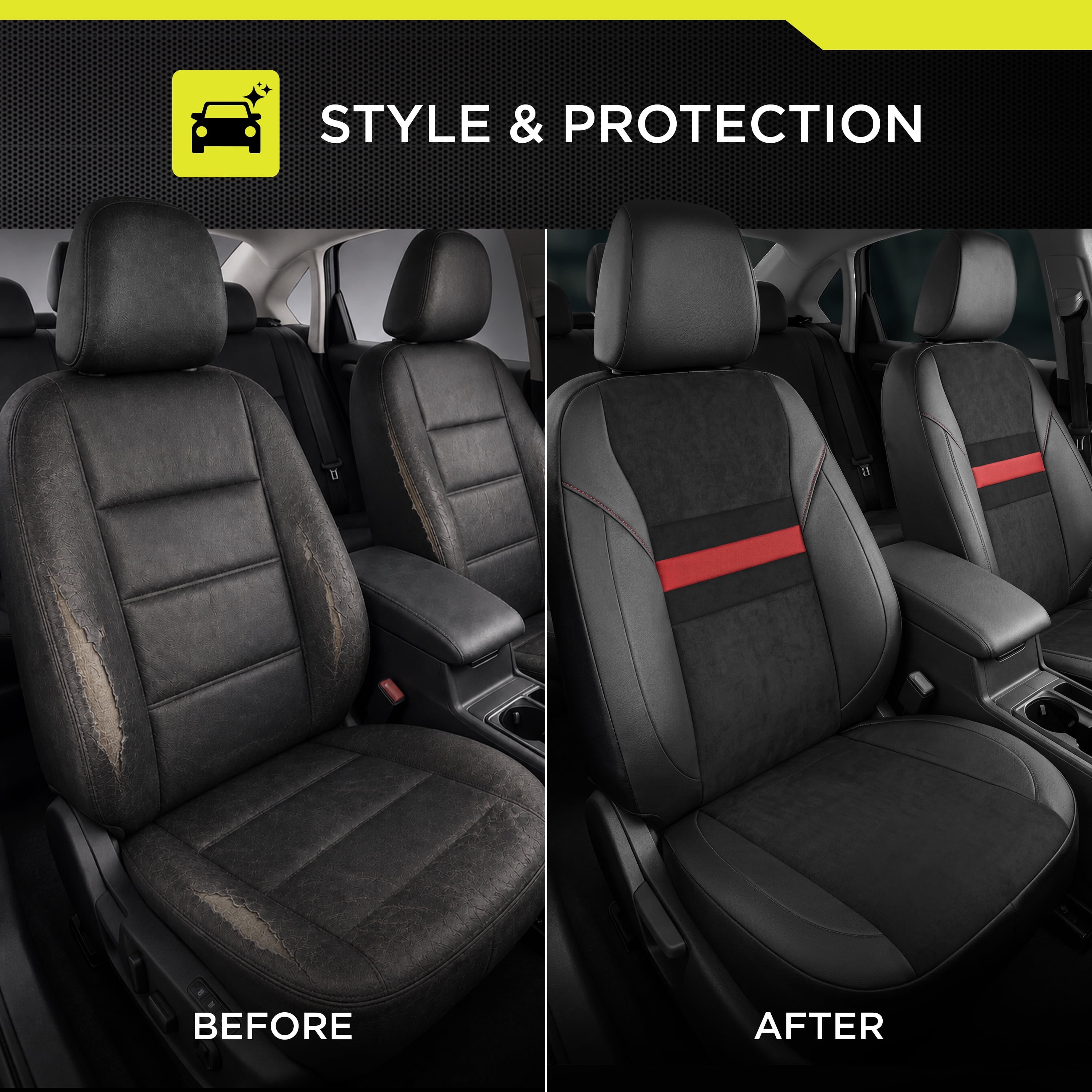 Auto Drive Seat Covers 2 Pack, Sport Front Seat Faux Leather Suede for Cars, SUVs, CUVs - Black Red Stripe