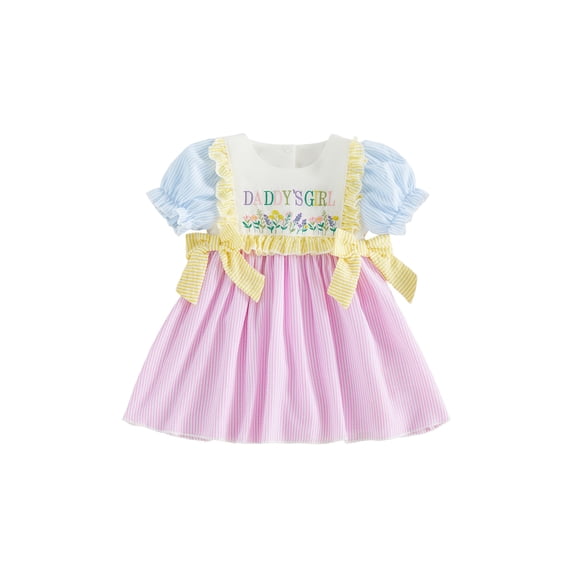 BemeyourBBs Toddler Baby Girl Dadd's Girl Dress Fathers Day Outfit Little Girl Summer Sundress Cute Letter Floral Embroidery Striped Puff Short Sleeve Side Bow Decor A Line Dress